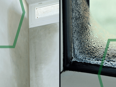 An image showing side-by-side photos of a damp wall and condensation on a window